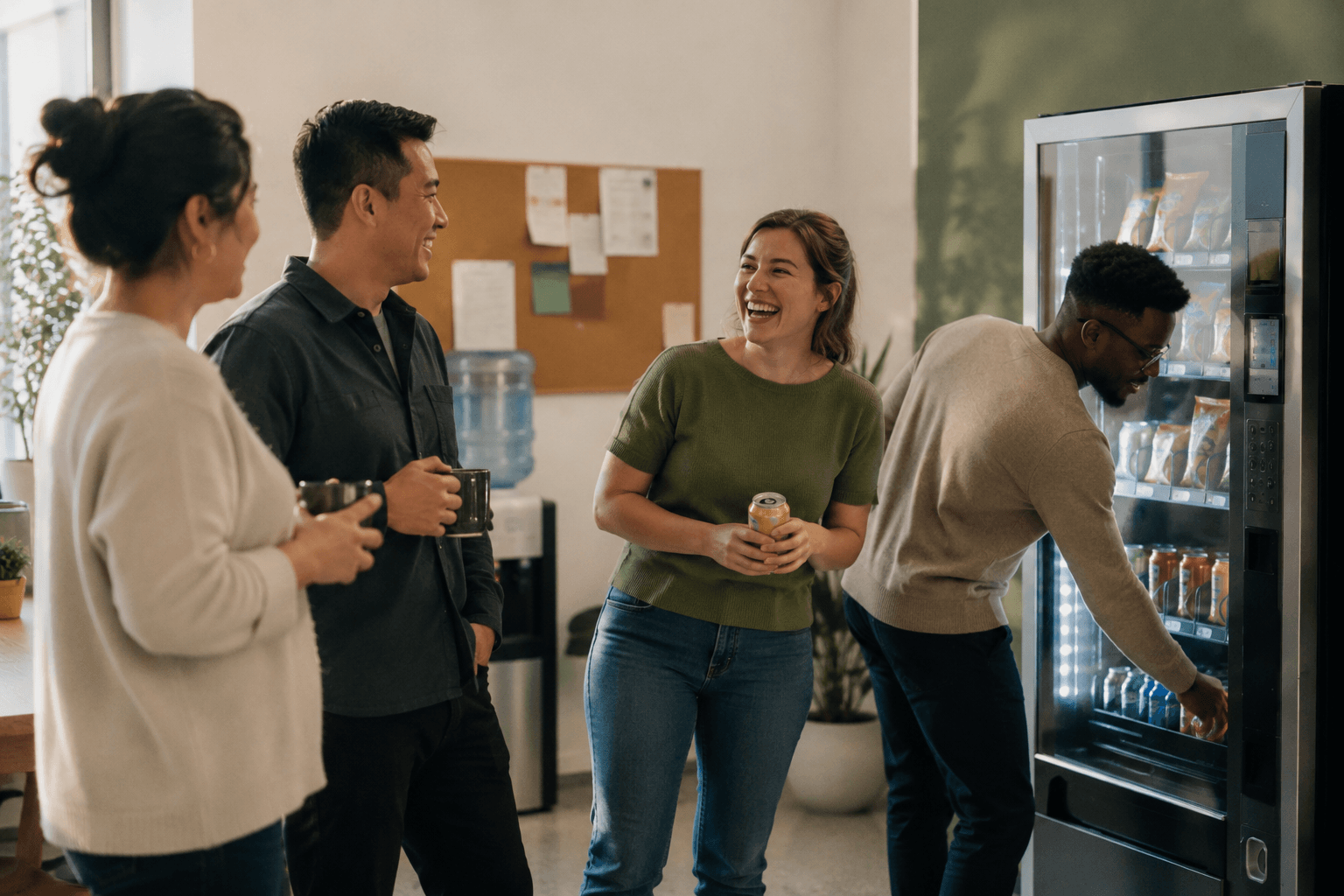 A workplace team grabbing snacks and drinks from their Valley Vending machine